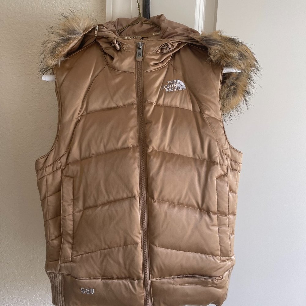 Women's North Face Gold puffer vest with fur hood